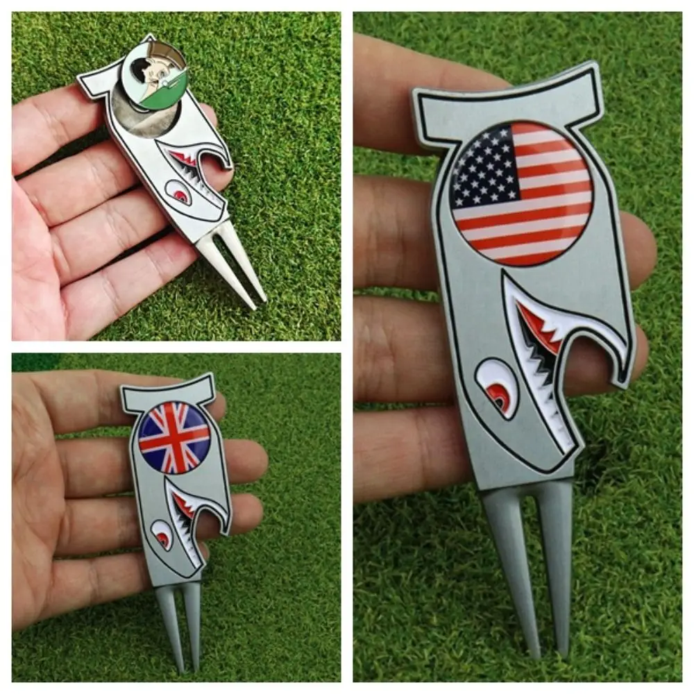 Golf Divot Tool Shark Golf Green Fork Zinc Alloy Multifunctional Golf Ball Marker Portable Magnetic Divot Fork Golf Club