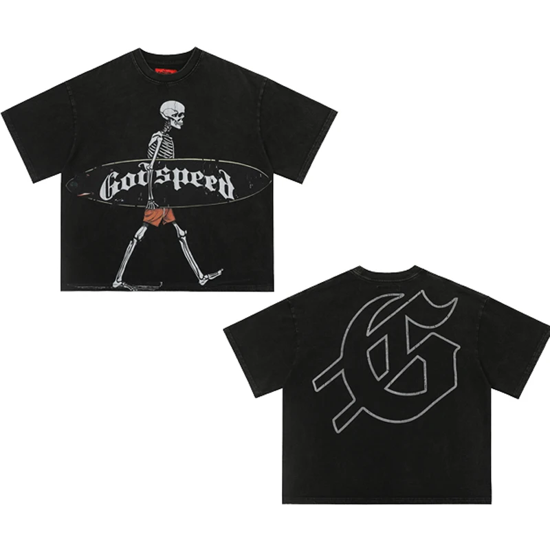 Camiseta de manga corta GOD SPEED de talla grande para hombre y mujer, Top con Logo de calavera para surfear en la playa americana, ropa de calle holgada de verano