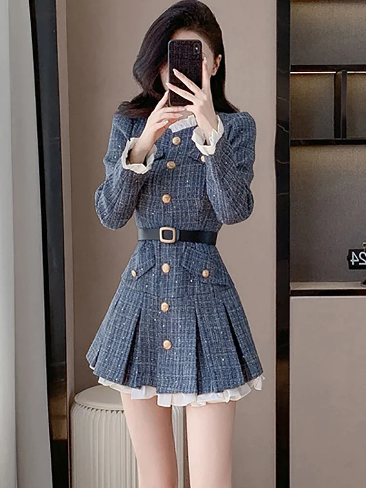 Women Blue Plaid Chic Bandage Bodycon Short Dress Autumn Winter Long Ruffled Collar Dress 2024 Korean Vintage Elegant Prom Dress