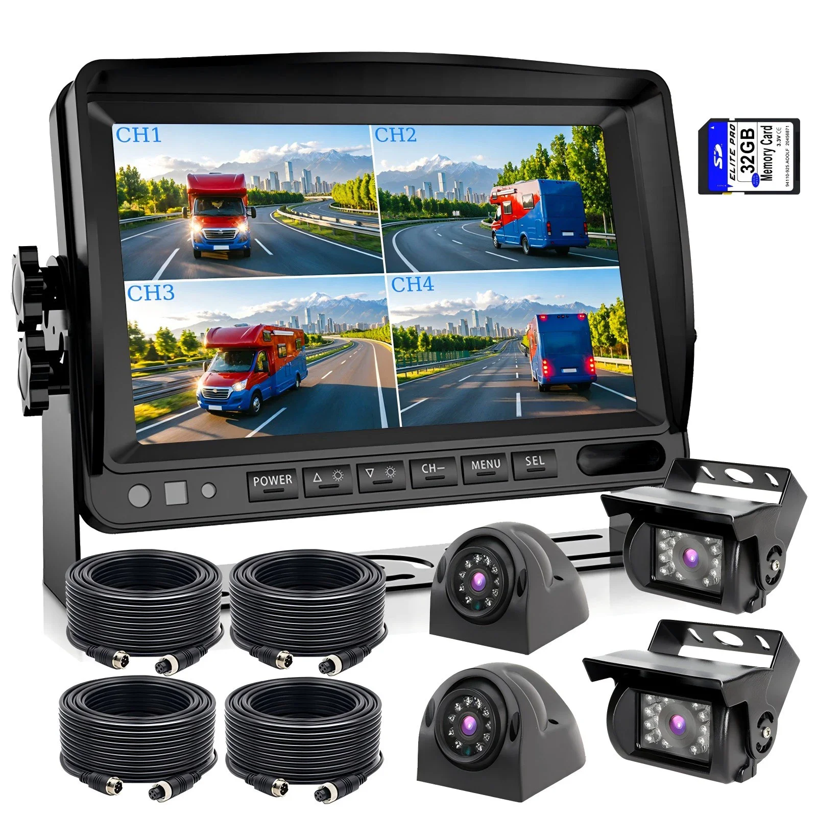 iPoster Dash Cam 7 Quad DVR Monitor AHD 1080P Backup Camera 32GB for Truck Caravan RV