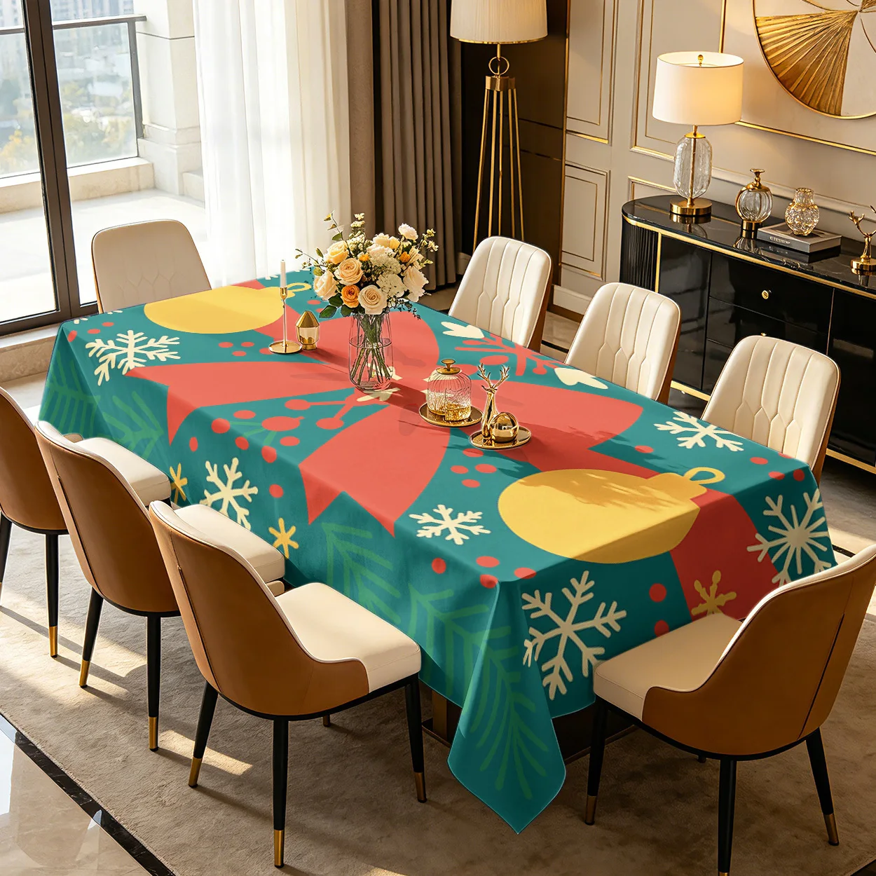 Tablecloth 2D Flat Printing, 1pc Christmas Theme, Red and Green Color, Durable, Suitable for Indoor and Outdoor Everyday Use, Easy to Clean, Ideal for Holiday Party Decor and Home Kitchen Decoration