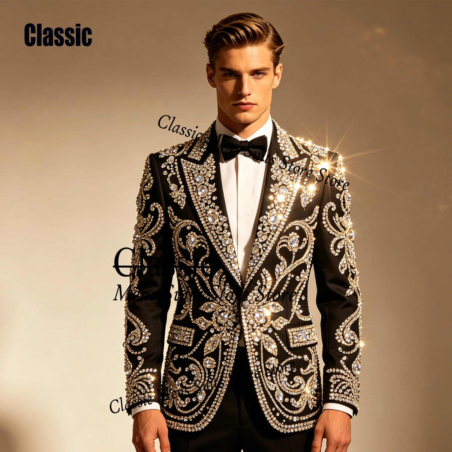 

Customized Sequin Crystal Men Suits 2 Pieces Sets Male Party Blazers Intricate Groom Wedding Tuxedos Slim Gem trajes para hombre