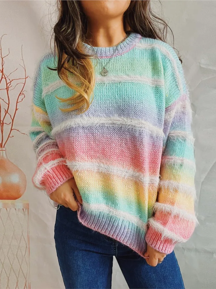 

Gradient Stripe Knitted Sweaters Women Autumn Winter New Fashion Loose O Neck Long Sleeve Pullover Sweater Lady Trendy All-match