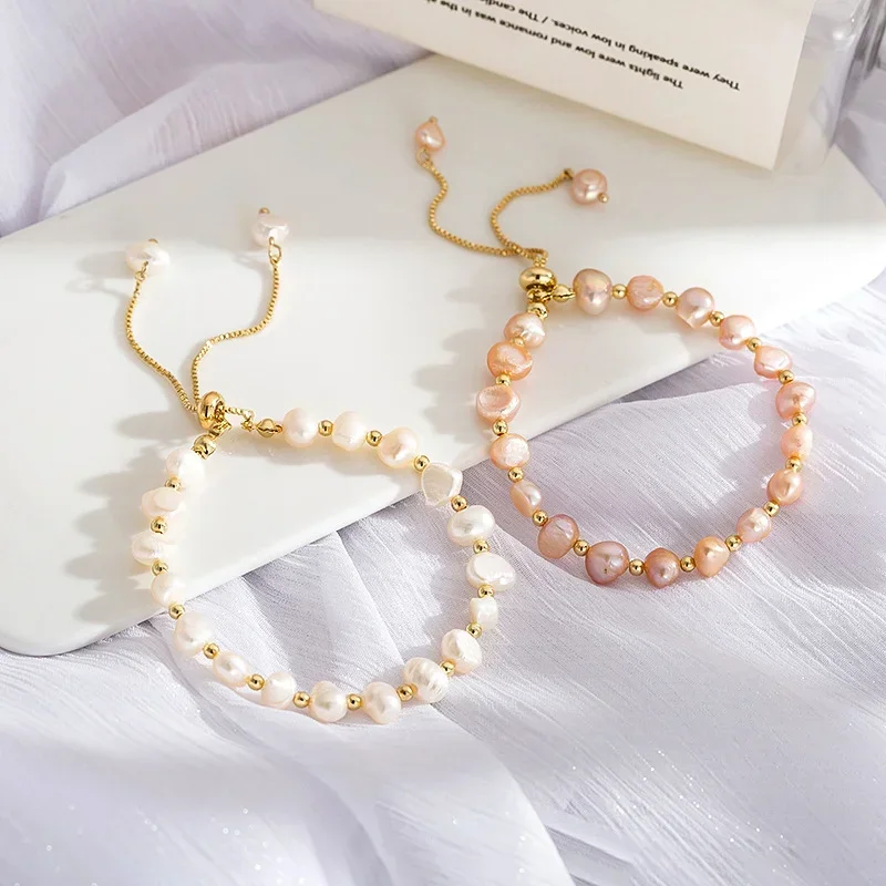 

Minar Textured Pink White Color Freshwater Pearl Beaded Bracelets for Women Gold Color Beads Adjustable Charm Bracelet Jewelry