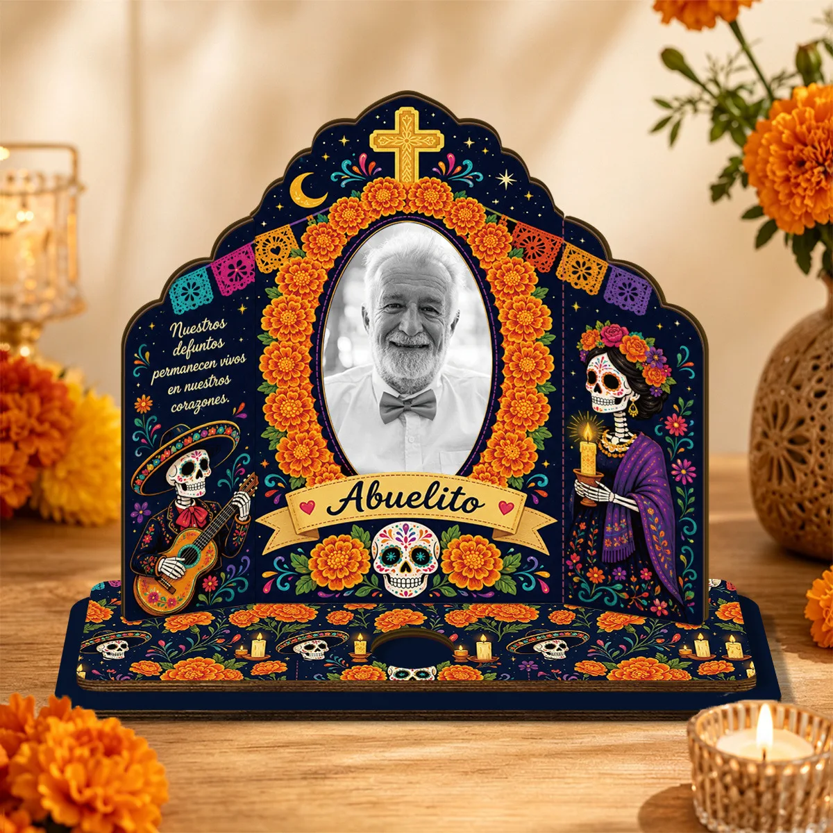 Mexican Day of the Dead Wooden Picture Frame, Dia de los Muertos Altar Decoration Skull Design, Halloween Ofrenda Memorial Box