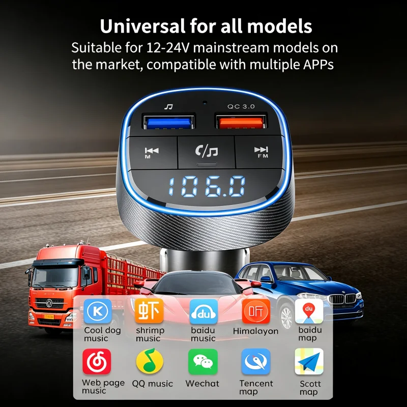 Car Bluetooth MP3 Player, 12-24V Universal Hands-Free FM Transmitter, Dual USB Fast Charge, TF Card Music Playback, Car Audio Re