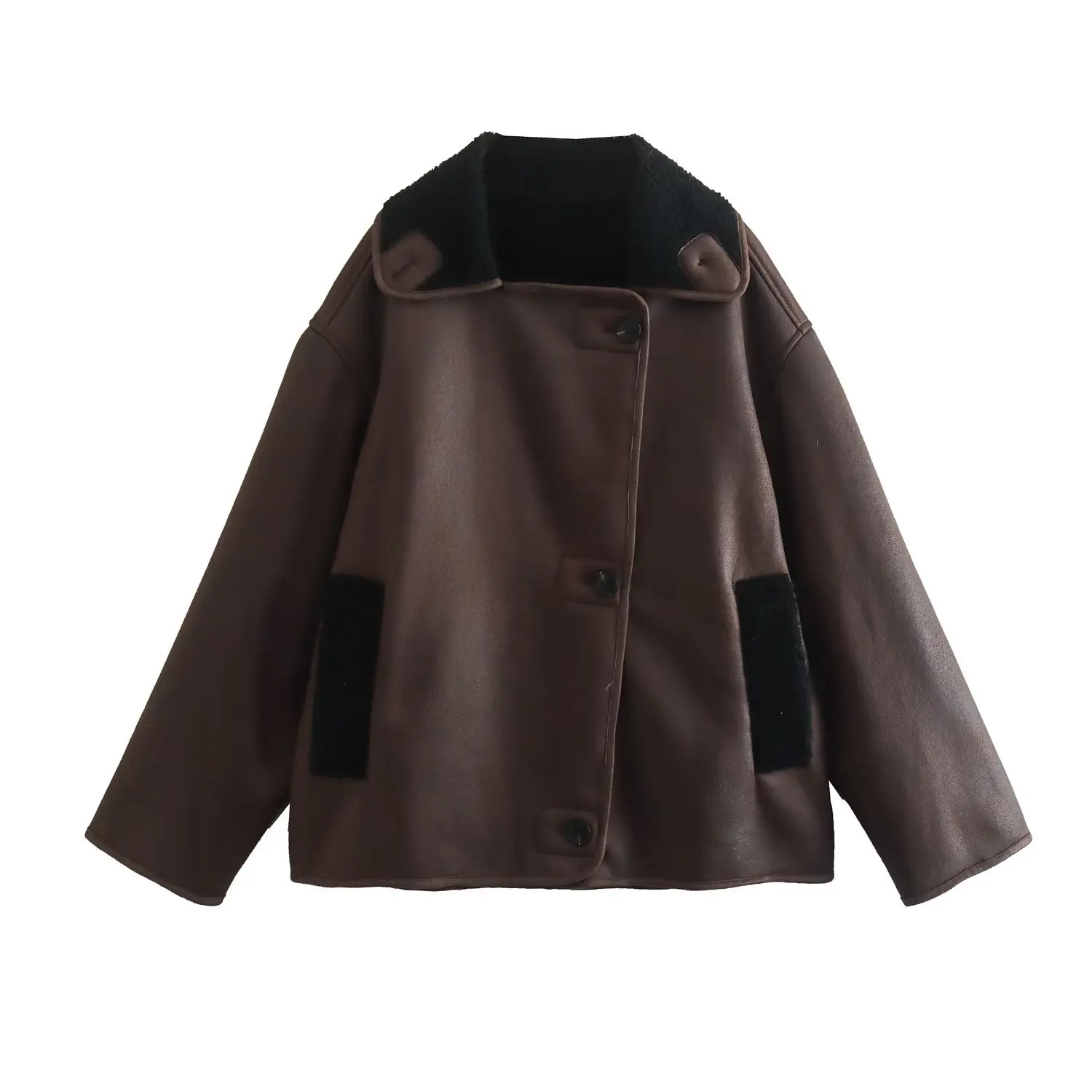 

Spring and Autumn Winter Color Blocked Collar Fur One Piece Single Breasted Double Sided Jacket for Women