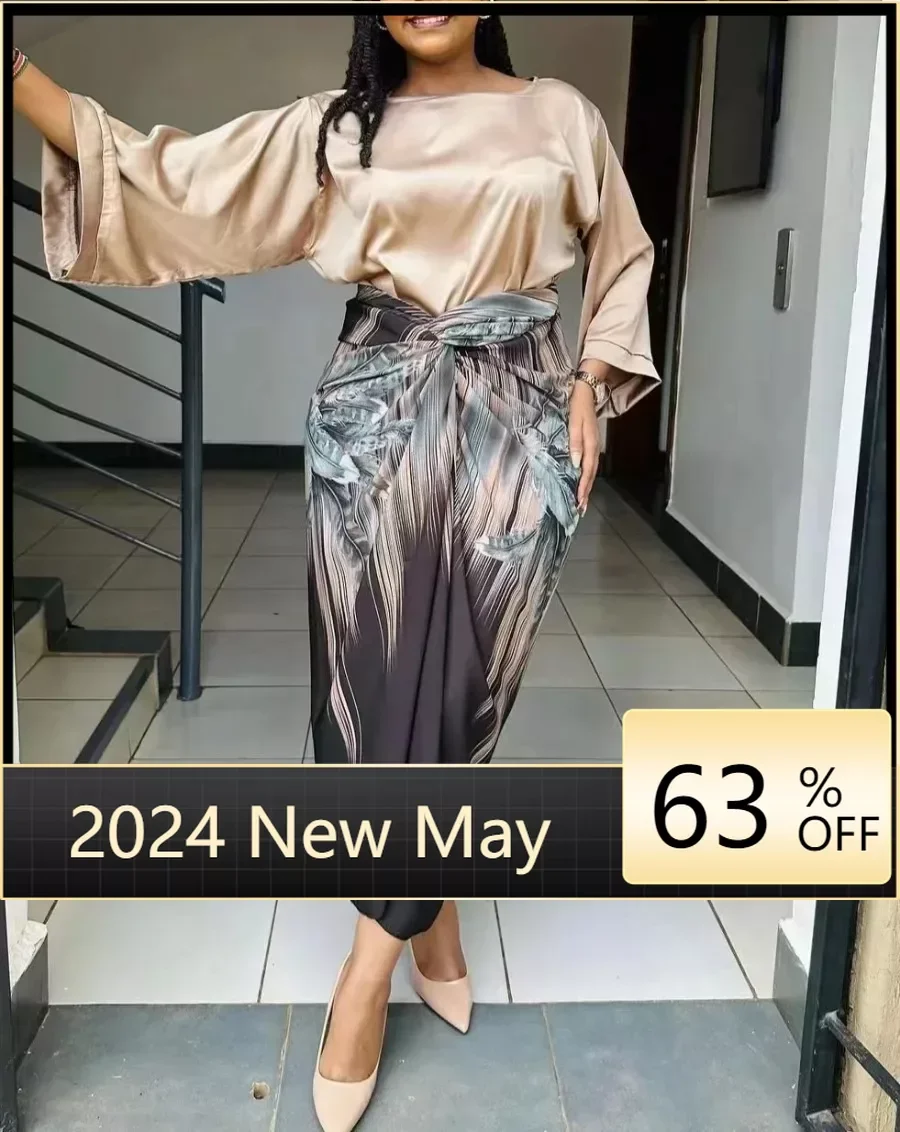 

African Clothes for Women Summer Elegant African Women Two Pieces Set Loose Flare Sleeve Top Print Skirt Matching Sets