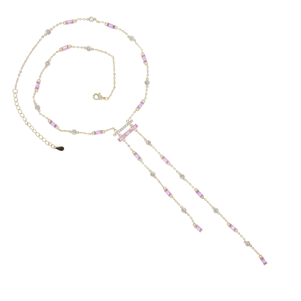 Fashion Romantic Gold Color Green Pink White Zirconia Paved Charm Link Chain Long Sexy Women Y Lariat Necklace Fashion Jewelry