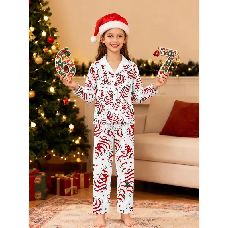 Girls Lapel Pajama Set Long Sleeve Nightwear Assorted Game Dog Donut Capybara Floral Christmas Prints Perfect Birthday Xmas Gift