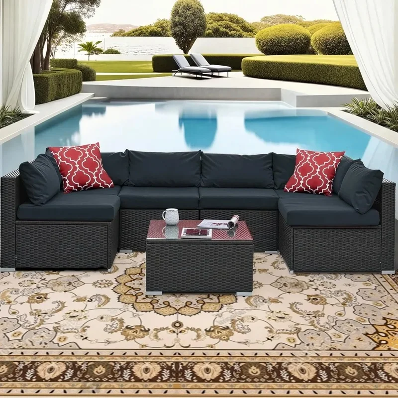 

All Weather Outdoor Rattan Wicker Patio Sectional Set with Waterproof Cushions and Tempered Glass Coffee Table