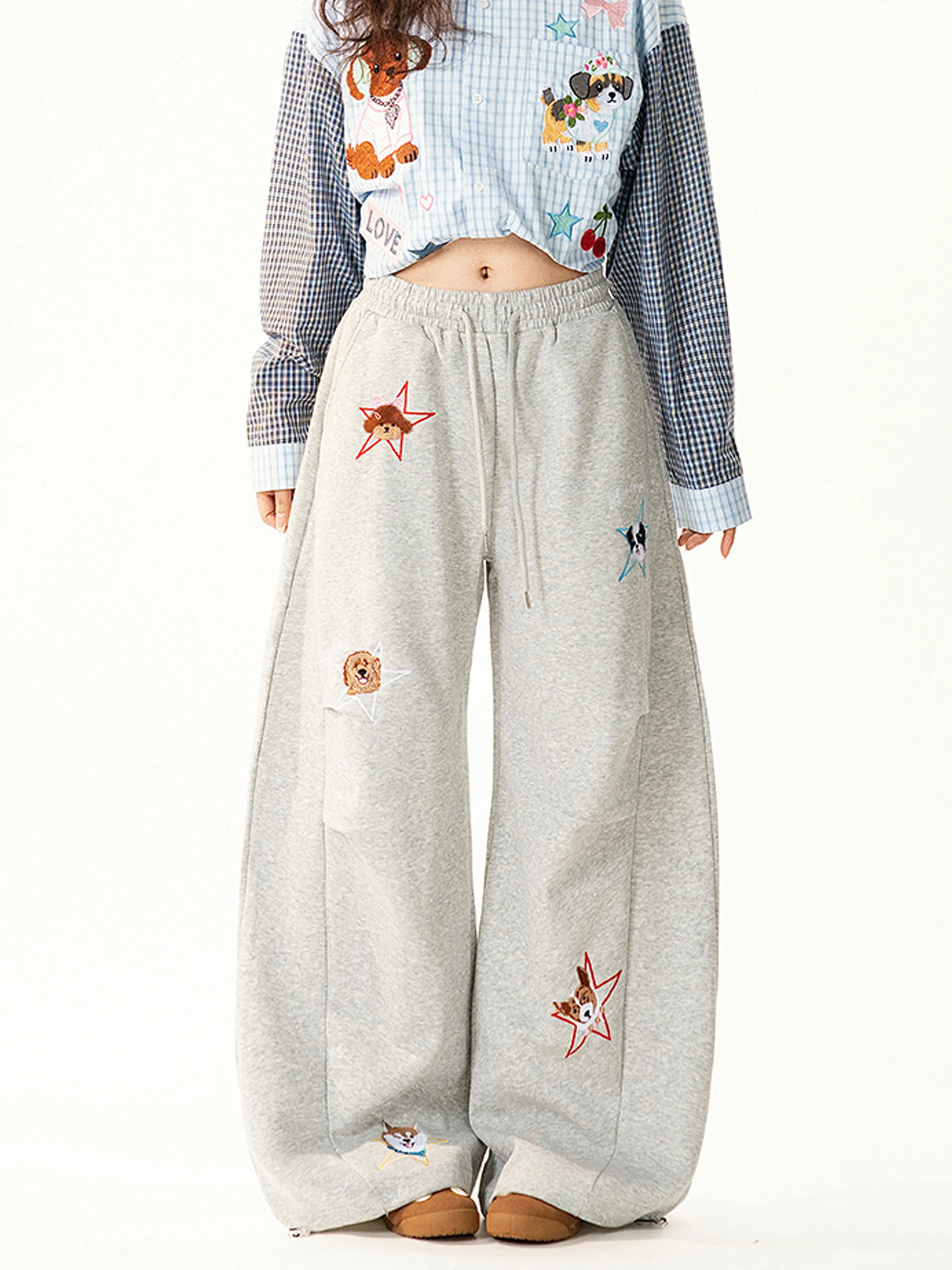 

Retro American Embroidered Dog Casual Pants Women Loose Wide Leg Long Trousers Comfortable Natural Waist Commute Style