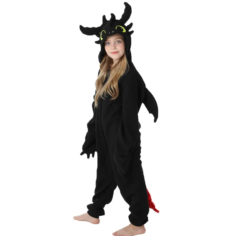 التنين الأسود الكرتون تأثيري قطعة واحدة منامة التنين الأبيض الحيوانات هالوين الفتيات Kigurumi أنيمي منامة