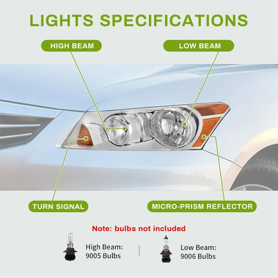 مجموعة مصابيح أمامية متوافقة مع 20082012 أكورد 4 أبواب سيدان كشافات استبدال الكروم الإسكان العنبر عاكس زوج مجموعة ل