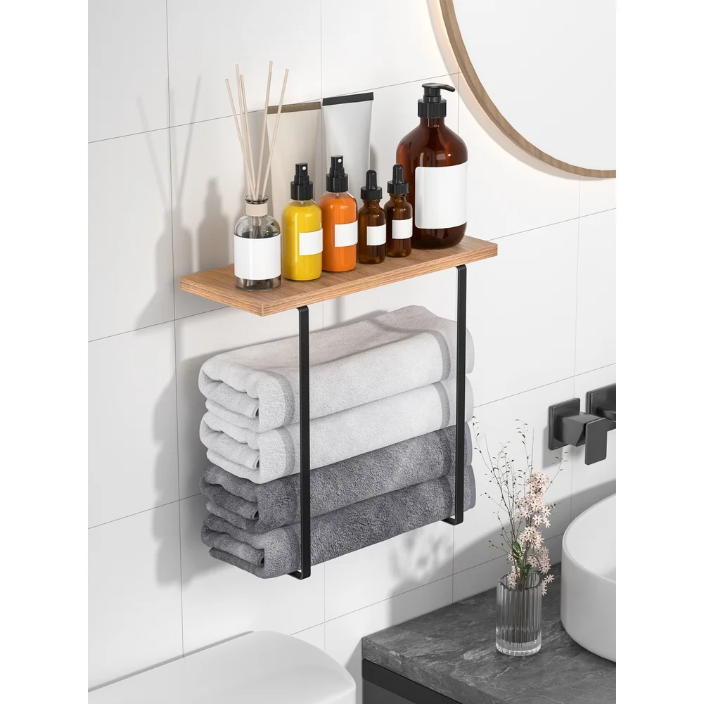 Carbon Steel Wall Mounted Two Tier Towel Rack with Natural Wood Shelf for Modern Bathroom Organization Space Saving Design