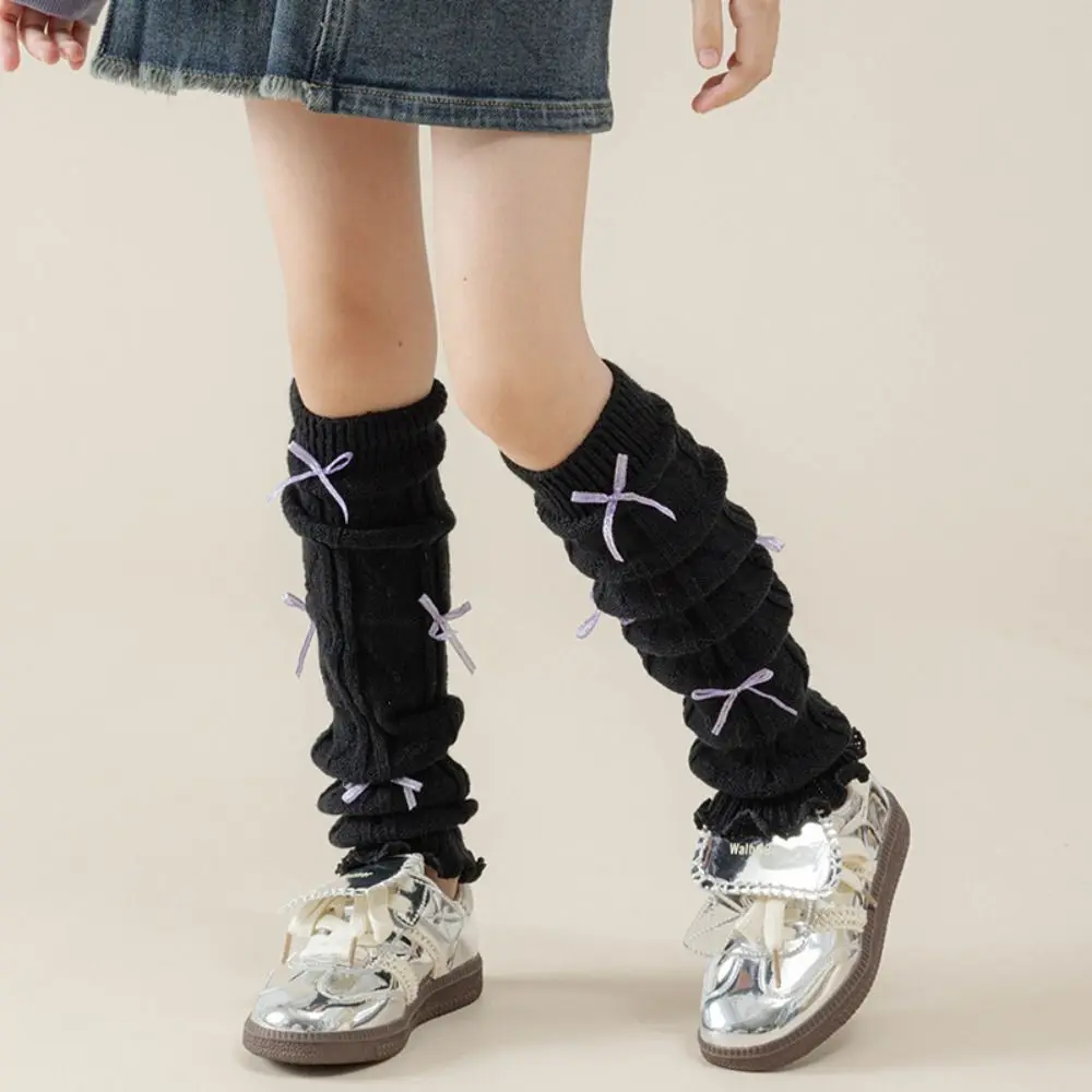 Kawaii Solid Color Leg Warmers Bow Ribbon Lace Trim Foot Cover Ballet Style Knitted Elastic Long Stockings Autumn Winter Season