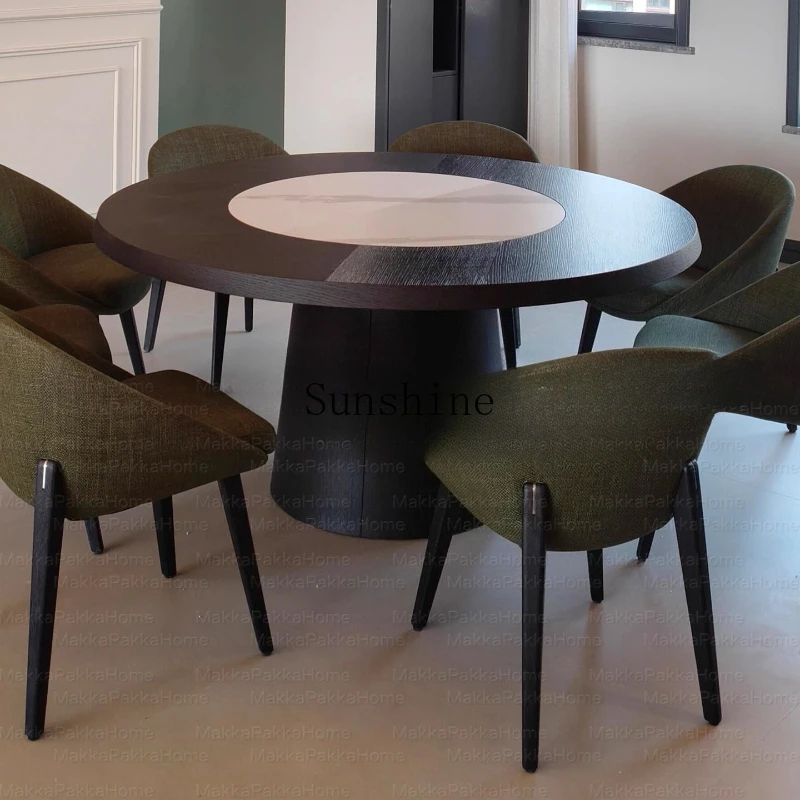 Italian minimalist solid wood dining table, simple small apartment with marble turntable round dining table