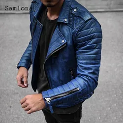 Samlona 2023 New Faux Pu Leather Jackets Mens Autumn Fashion Zip Up Coats Slim Biker Jacket Plus size Top Outerwear Men Clothing