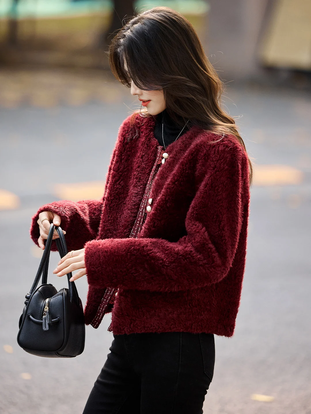 Xinfeiyu vinho cor vermelha ort casaco feminino thiened redondo ne interminado couro e pele inverno novo sle casual faion