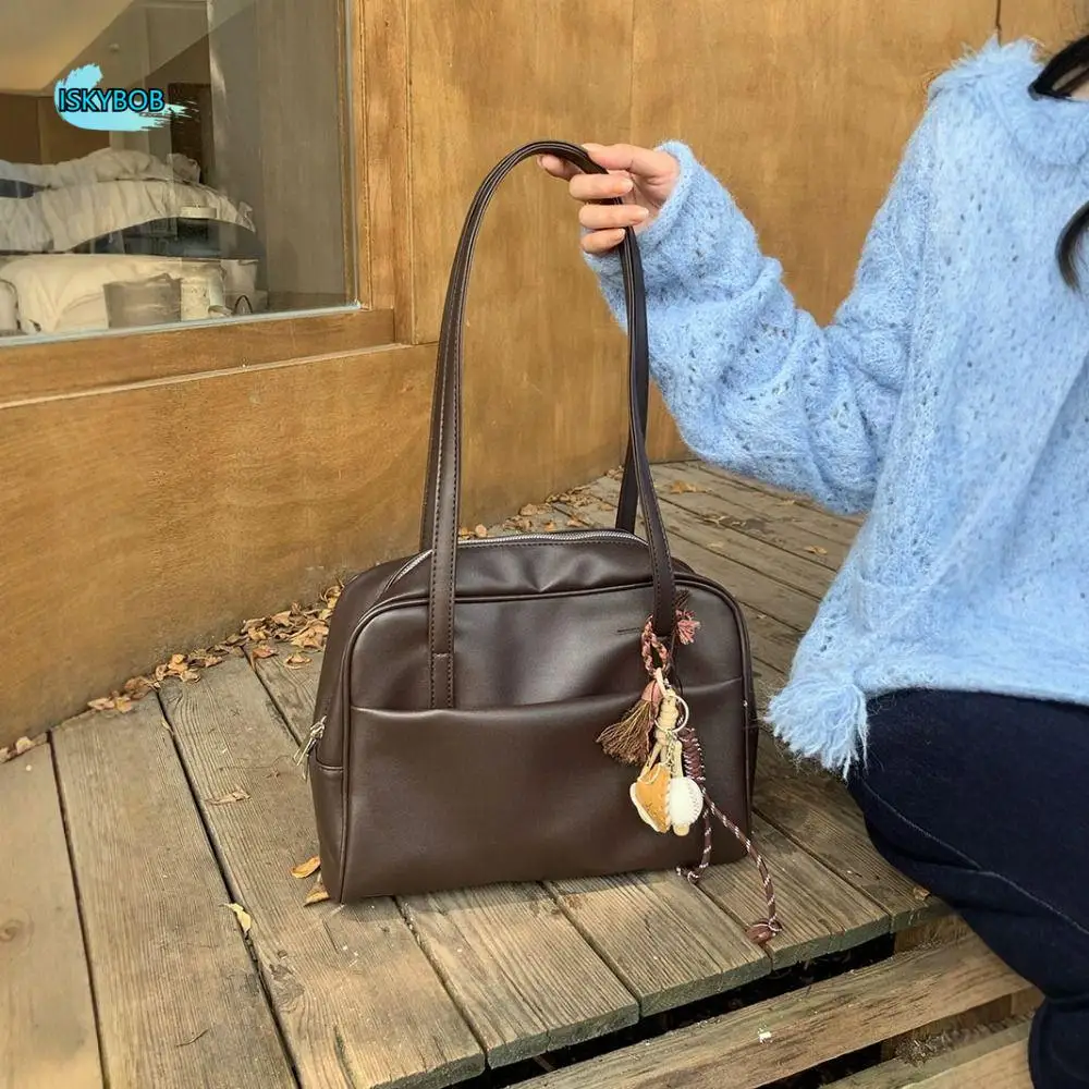 

Trendy French Style Bowling Bag Elegant PU Leather Boston Shoulder Bag Large Capacity Casual Women Handbags Armpit Bag