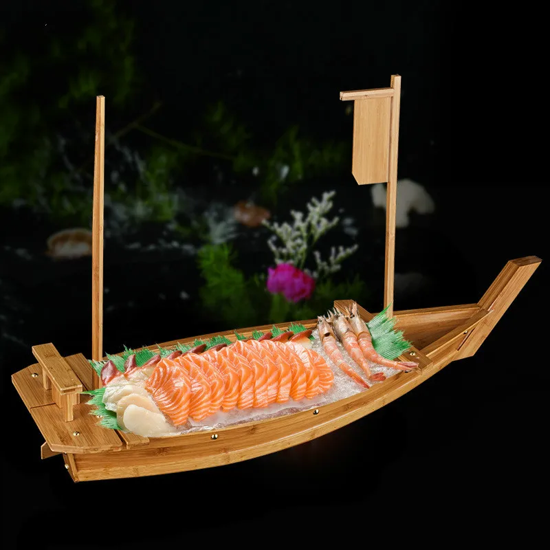 

Bamboo Dragon Boat Luxury Tatoo Boat Dry Ice Boat Tatoo Platter Sushi Table Container Japanese Cuisine Sushi Boat