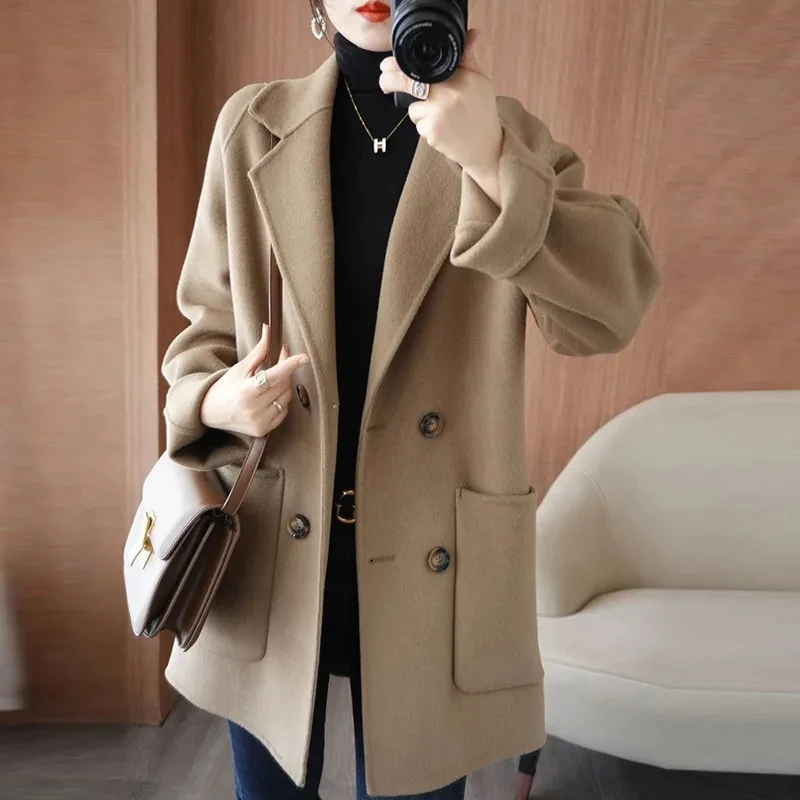 Autumn Winter New Wool Trenchcoat Women Overcoat 100% Pure Wool Double-Faced Cashmere Coat Elegant Mid-Length Slim Woolen Jacket