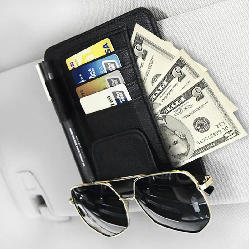 PU Leather Car Sun Visor Organizer Multiple Pockets For: Cards Glasses Pens Items Neat Accessible