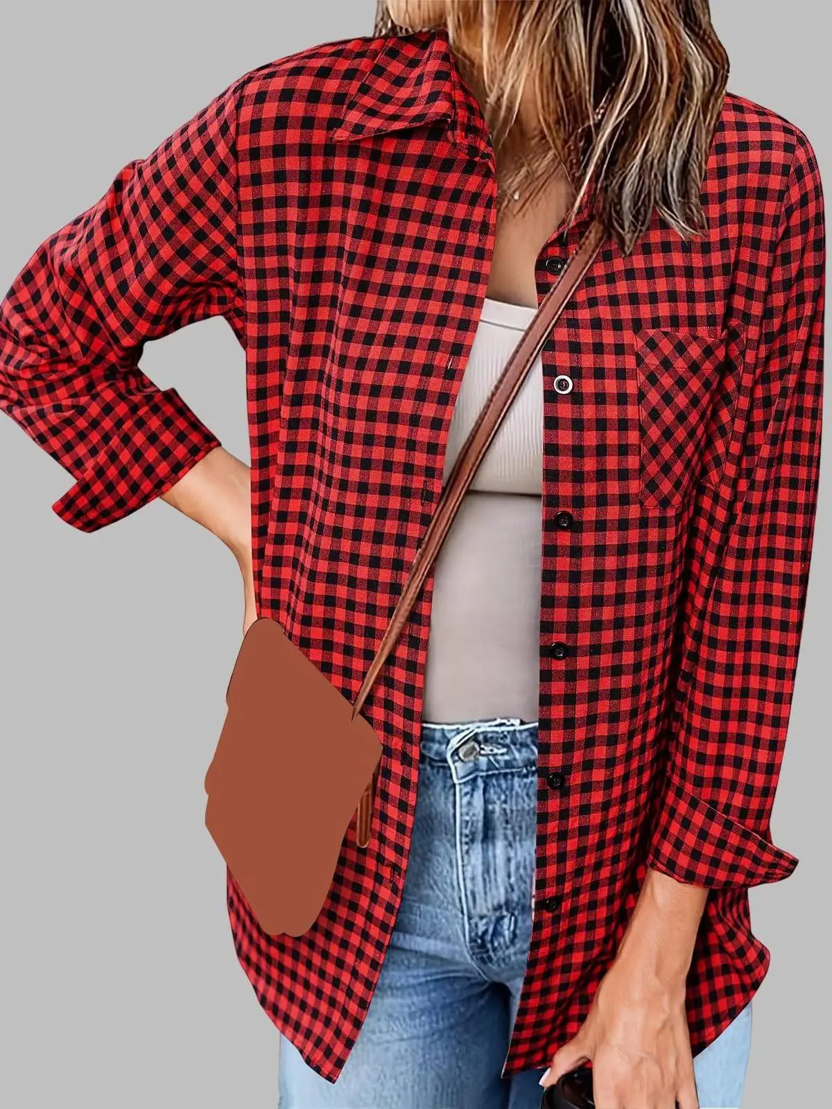 

British Style Printed Checkered Women's Shirt with Lapel Long Sleeve Loose Fit Polyester Fiber Non-Shrinking Regular Thickness