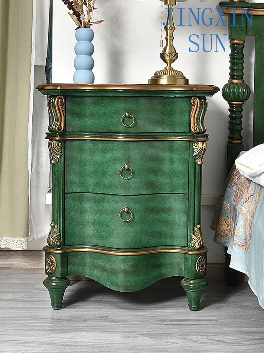 Country bedside table solid wood bedroom side cabinet storage large capacity lockers decorative chest of drawers.
