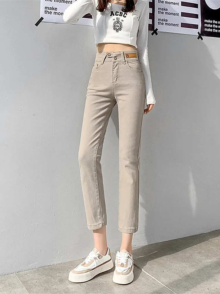 FINEWORDS Slim Skinny Beige Jeans Women High Waist Vintage Push Up Jeans Easymatch Streetwear Korean Denim Ankle-Length Pants