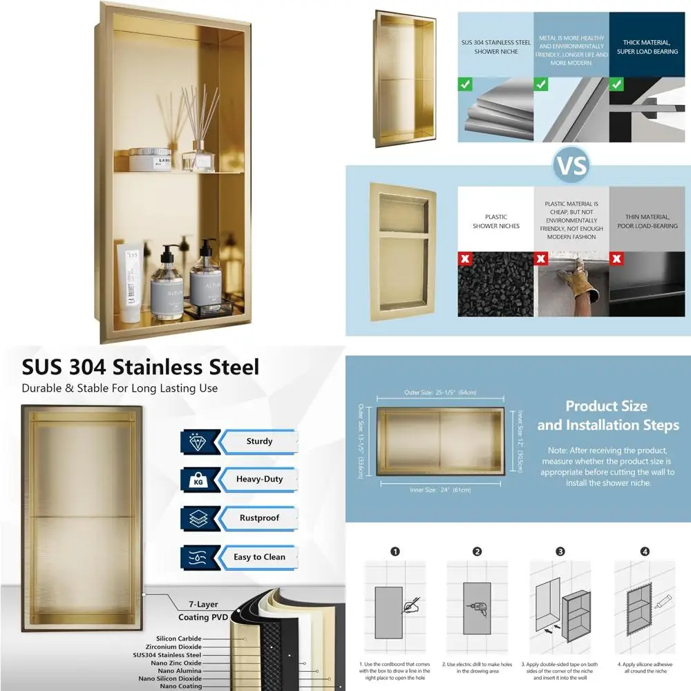 

Stainless Steel Shower Niche with Double Shelves for 12x24 Bathroom Wall Recessed Storage