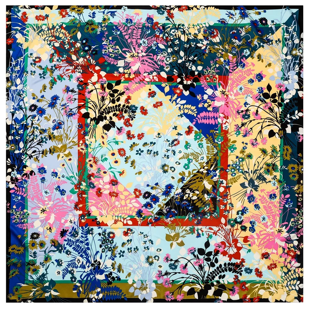 

130CM Coloring Silk Scarf Women Large Shawl French New Plant And Flower Print Square Bandana Luxury Kerchief Hijab Scarf