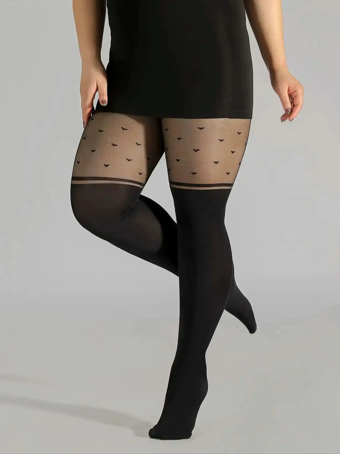 Plus Size Mode Kawaii Strümpfe Schwarze Punkte Damen Plus Herz Jacquard Colorblock Hochgeschnittene Strümpfe – Detail 2