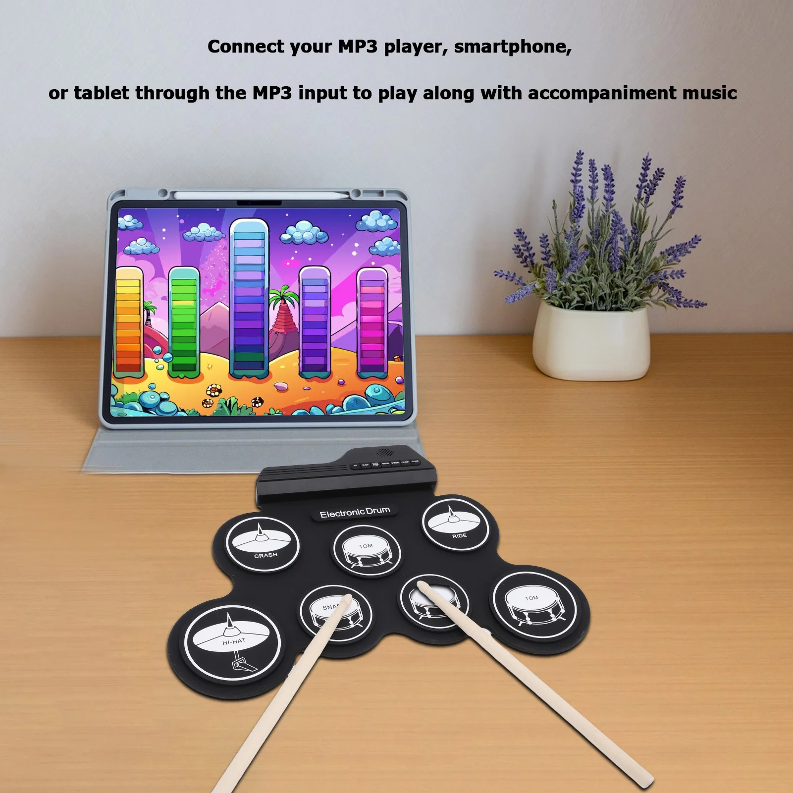Portable Electronic Drum Roll Up Silicone Drum Set 7 Drum Pads 5 Tones MP3 Input with Speaker Drumsticks Pedal for Beginner