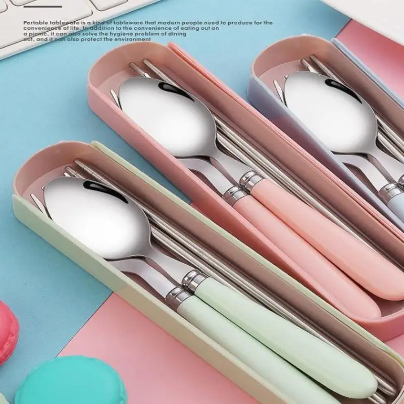 Stainless Steel Portable Student Tableware Outdoor Travel Lunch Box Spoon Fork Chopsticks Set With Storage Case Adult Gift