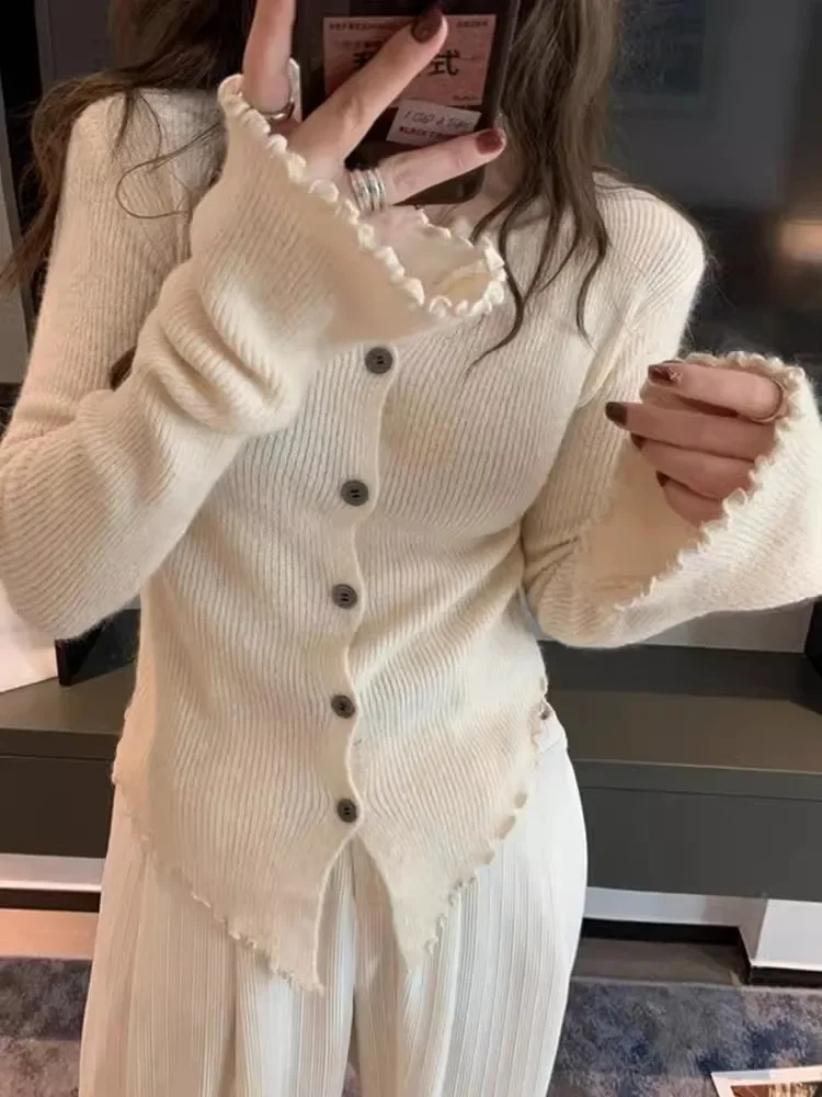 

Sweet Sueter Mujer, женский кардиган, туника с круглым вырезом и длинными рукавами, темпераментная женская туника с оборками, модные вязаные однотонные топы нестандартной формы