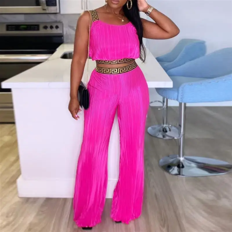 

Langmao Casual Pleated 2 Piece Set Women Solid Ruched Two Piece Outfit Spaghetti Strap Tank Tops Wide Leg Pants Suit Women