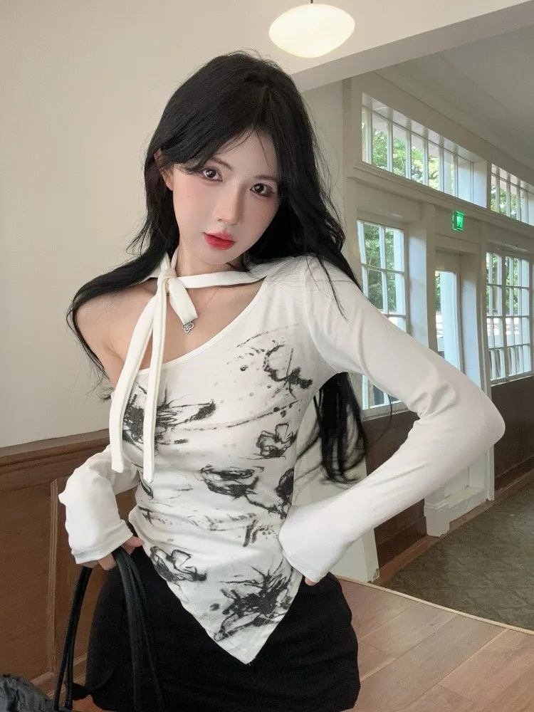 

Korean Style Graffiti Print Short Sleeve Long T-Shirt Women's Autumn New Style Unusual Design Tie Dye Color Block Top Trendy