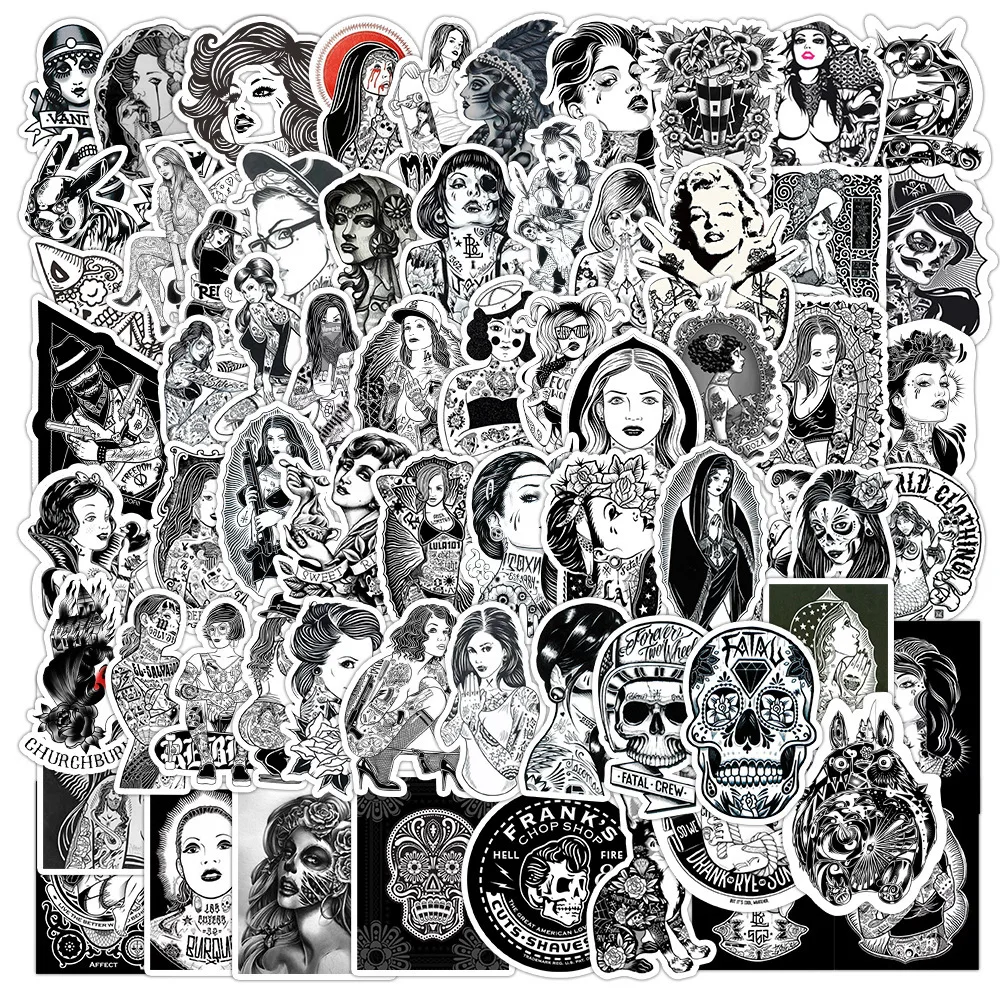 10/30/60PCS Retro Black White Tattoo Beauty Woman Stickers DIY Laptop Motorcycle Phone Luggage Notebook Bike Car Graffiti Toys