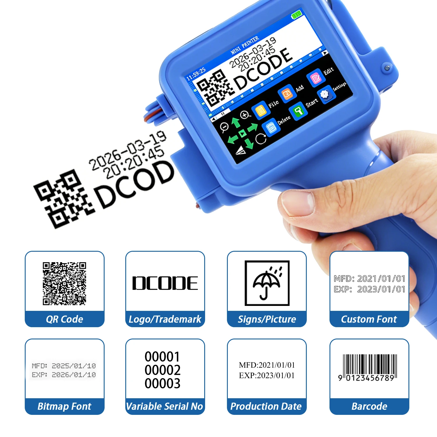 DCODE Blue XTMINI 12.7mm Handheld Inkjet Printer Portable Printers Text QR Barcode Batch Number Logo Image Date Printing Machine