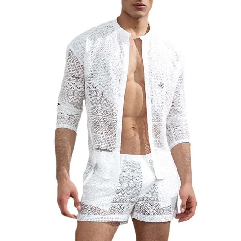 

Mens Fashion Summer New Hollow Out Sexy Lace Shorts Print Shirt Two Piece Set Trendy Elegant Beach Outfit Tops