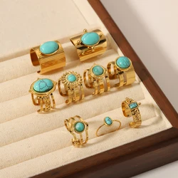 WILD & FREE Luxury Turquoise Stainless Steel Rings for Women Blue Natural Stone Vintage Aesthetic Jewelry PVD Waterproof