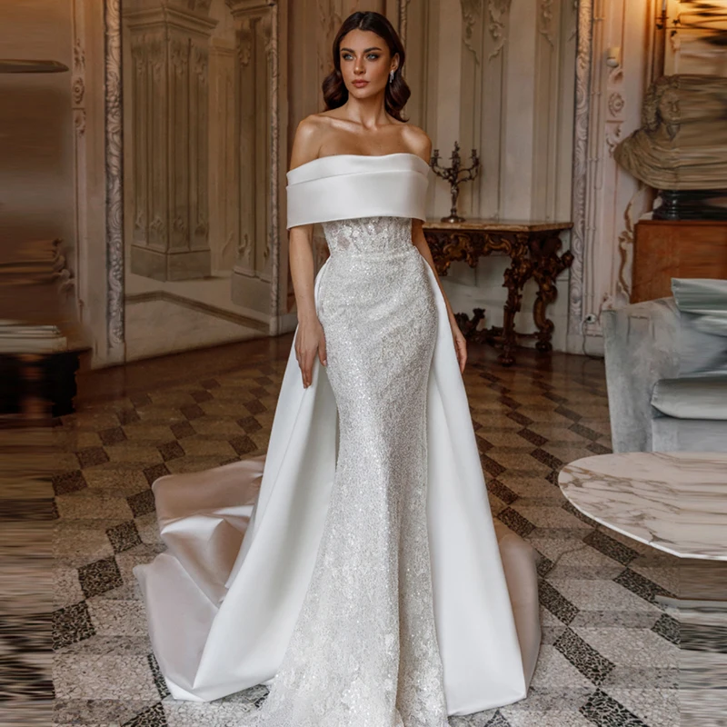 ZOCI ที่ถอดออกได้รถไฟชุดแต่งงาน Organza เย็บปักถักร้อย 3d ดอกไม้ Mermaid Ballgown แขนยาว O-คอเจ้าสาว Vestido De Novia