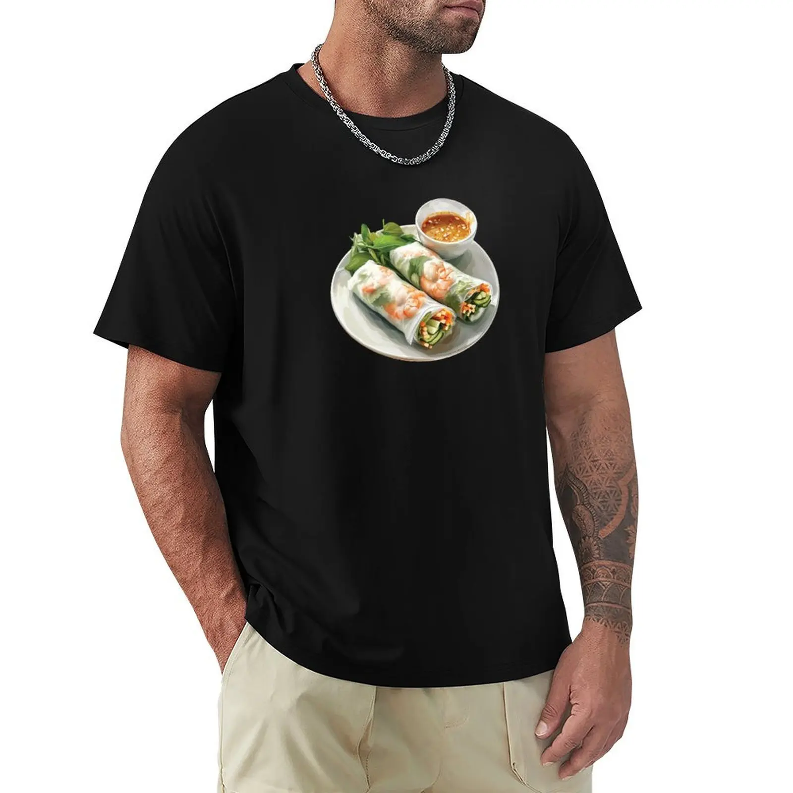 Rollito de Primavera con Camarones Frescos Asiáticos y Salsa de Cacahuete, Camiseta Básica de Corte Regular Informal