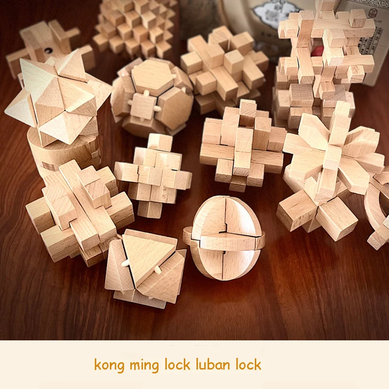 3D Wooden Interlocking Puzzles Unlock Toys Kong Ming Lock IQ Puzzle Brain Teaser Game Montessori Lu Ban Lock for Kids Adult Gift