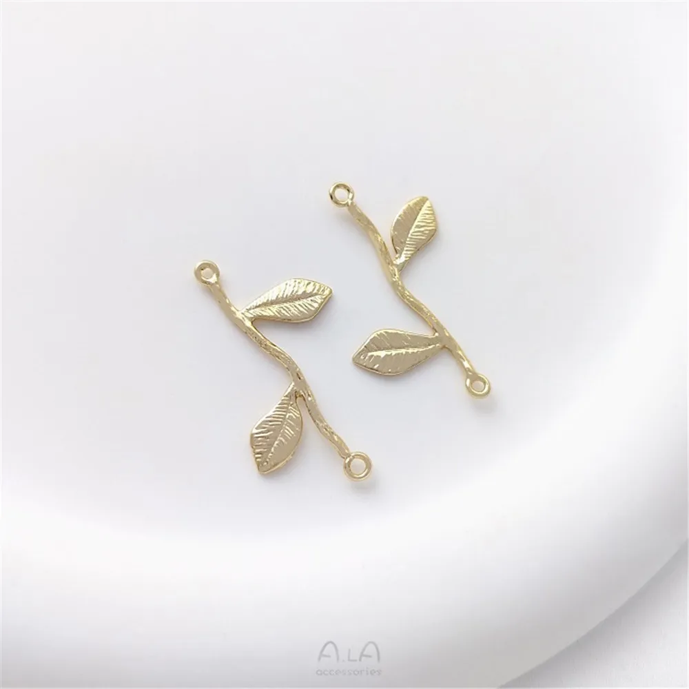 14K Gold Double Hanging Branches Rose Green Zircon Leaves Diy Bracelet Double Hanging Earrings Tassel Pendant Accessories
