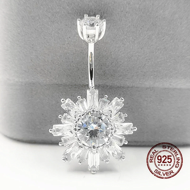 

Snowflake Zircon Belly Ring for Women 925 Sterling Silver Belly Button Ring Exquisite Crystal Flower Navel Piercing Body Jewelry