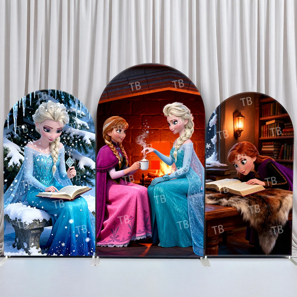 

TB Frozen Arch Backdrop Cover Elsa Anna Reading Book Fireplace Hot Drink Snowy Study Party Photo Booth Props for Events