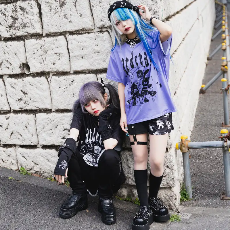 Harajuku Gothic Rabbit Ragdoll Printed T-shirt Black Purple 2 Colors Y2K Alt Punk Japanese Street Dress Adult Children