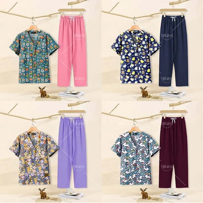 

Surgical Uniform Printed Scrub Sets Woman Breathable Lab Dental Clinic Pharmacy WorkWear Unisex V-neck Nurse Doctor Work clothes